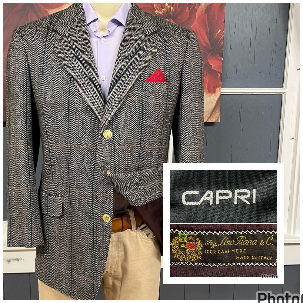 VTG Capri Custom Blazer Men 40S Short Cashmere Ventless Shoulder Pads Gray Mixed